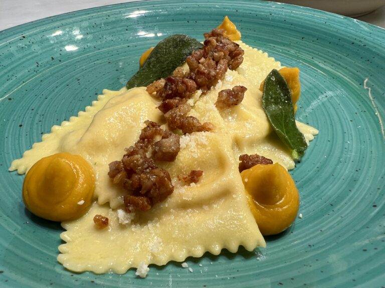 Pumpkin Ravioli served with Butter, sage and crispy Guanciale